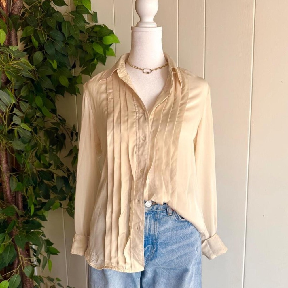 Ralph Lauren Pleated Cream Beige Button Up Top Women's Size Xs